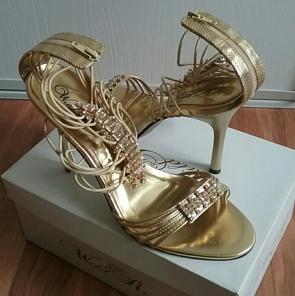 Sexy Metallic Gold Strappy Stiletto Heels Sandals